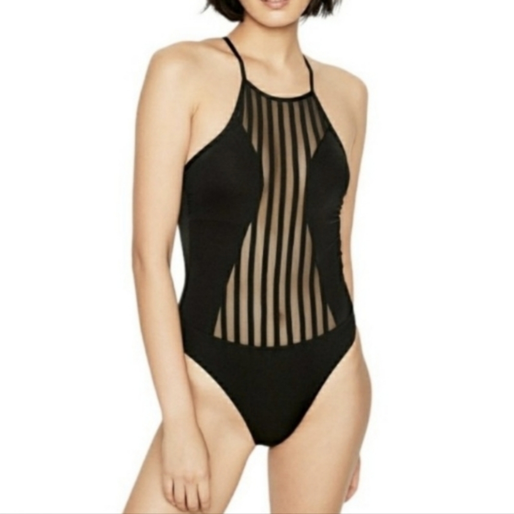 BCCG Maxazria Sheer Stripe Low Back One Piece Swimsuit